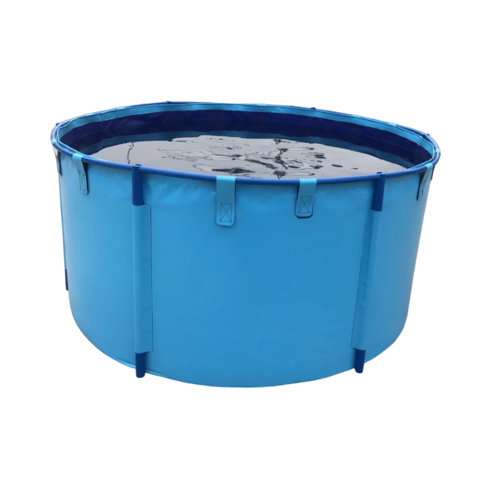 Type A flexible aquaculture tank with PVC liner and white plastic tube frame, circular design, indoor hatchery setup