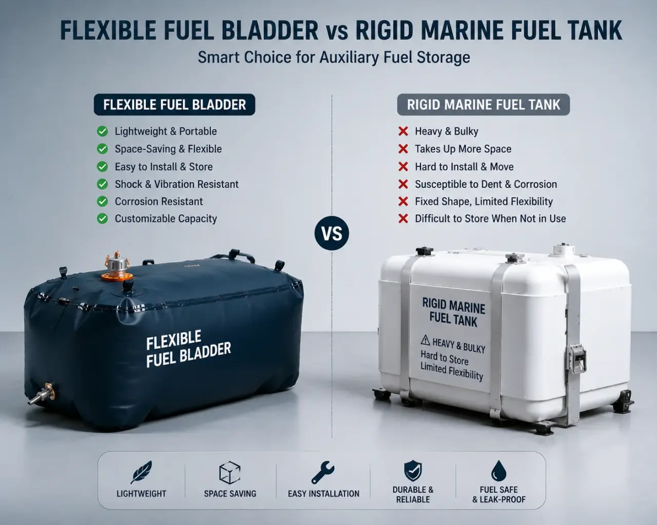 Flexible collapsible fuel bladder versus rigid steel tank comparison — space-saving portable fuel storage