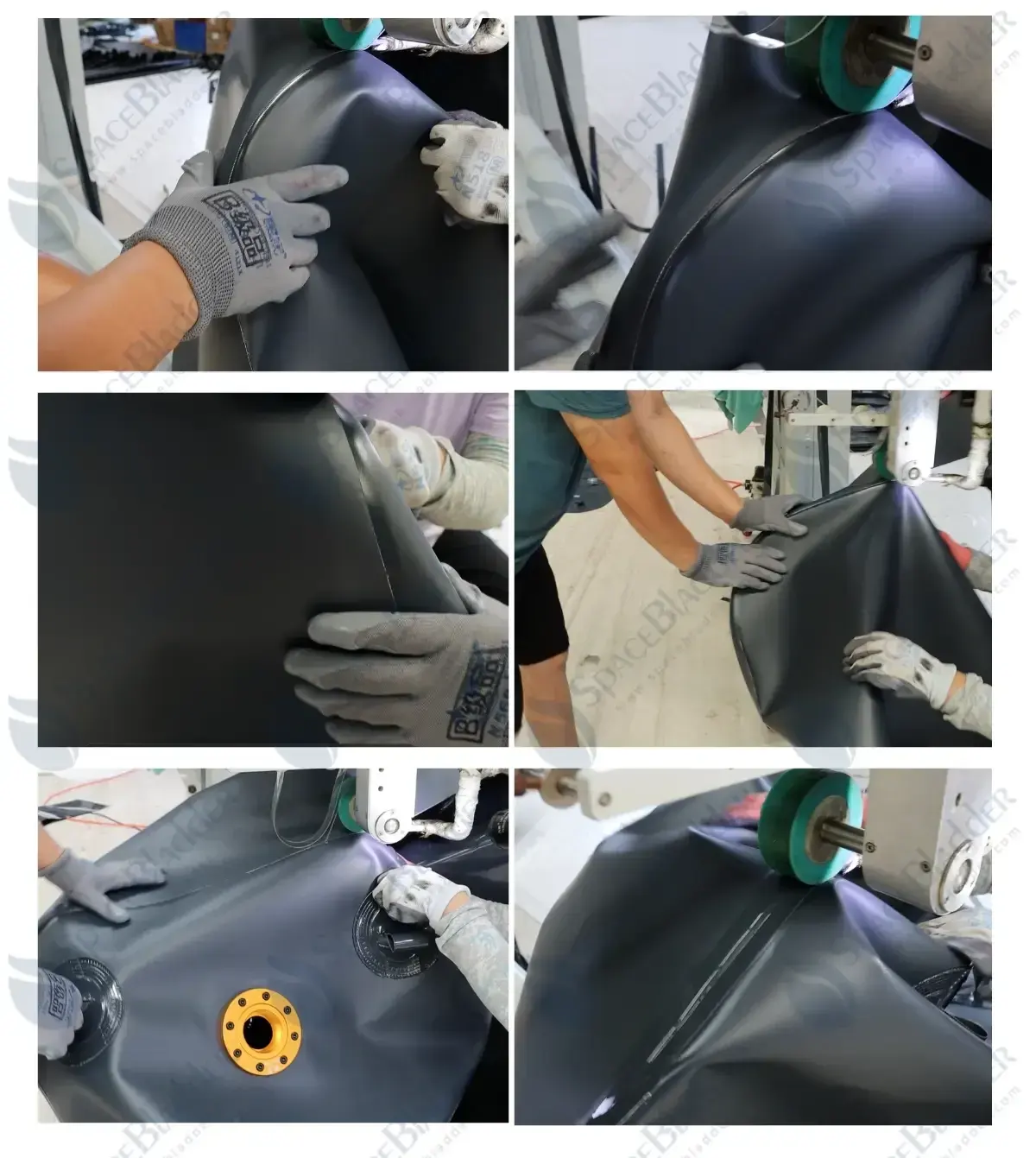 TPU fuel bladder production process showing material cutting, welding, fitting installation, and packing preparation