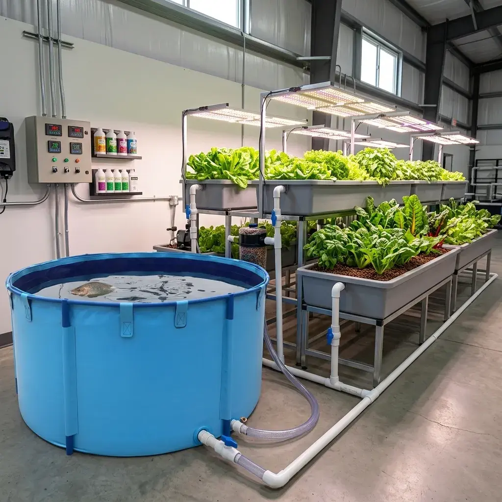 Aquaponics system showing flexible fish tank connected to raised grow beds with plants, water circulation pipes visible