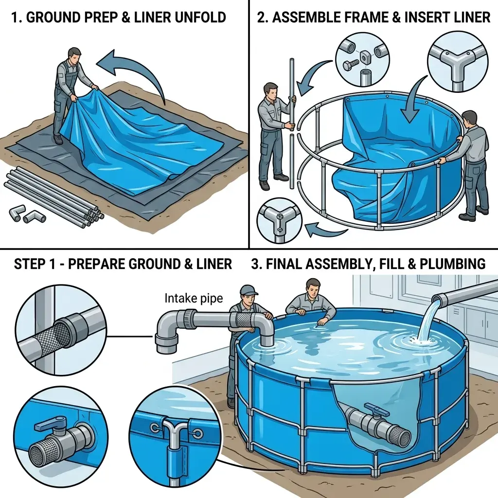 Step-by-step assembly illustration three-panel showing laying groundsheet and unfolding liner, assembling frame and inserting liner, filled tank with plumbing connected