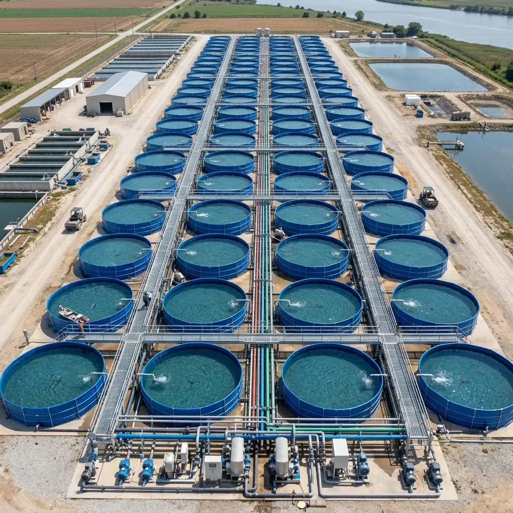 Aerial or elevated view of multiple aquaculture tanks in a commercial farm layout, showing piping connections and walkway access between tanks