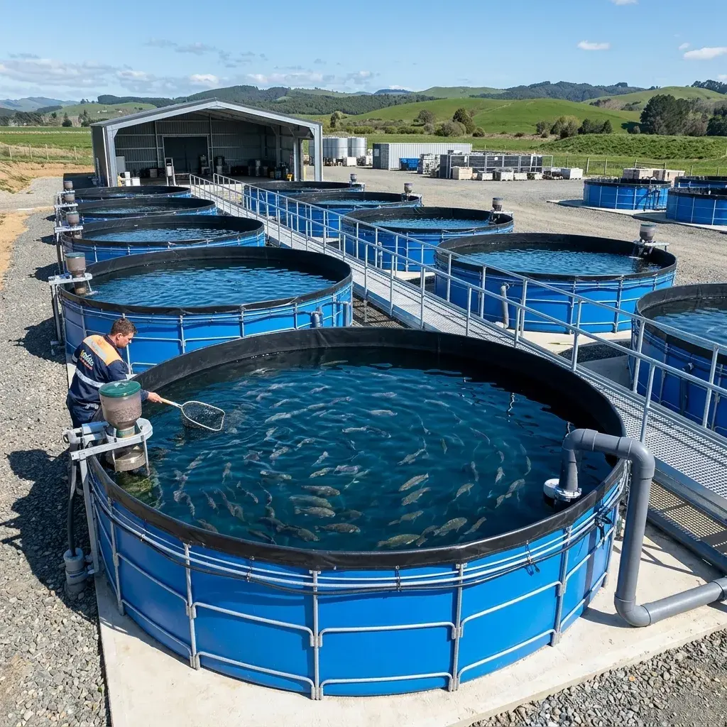 Large commercial circular aquaculture tank installation with fish visible, outdoor setting, multiple tanks in view