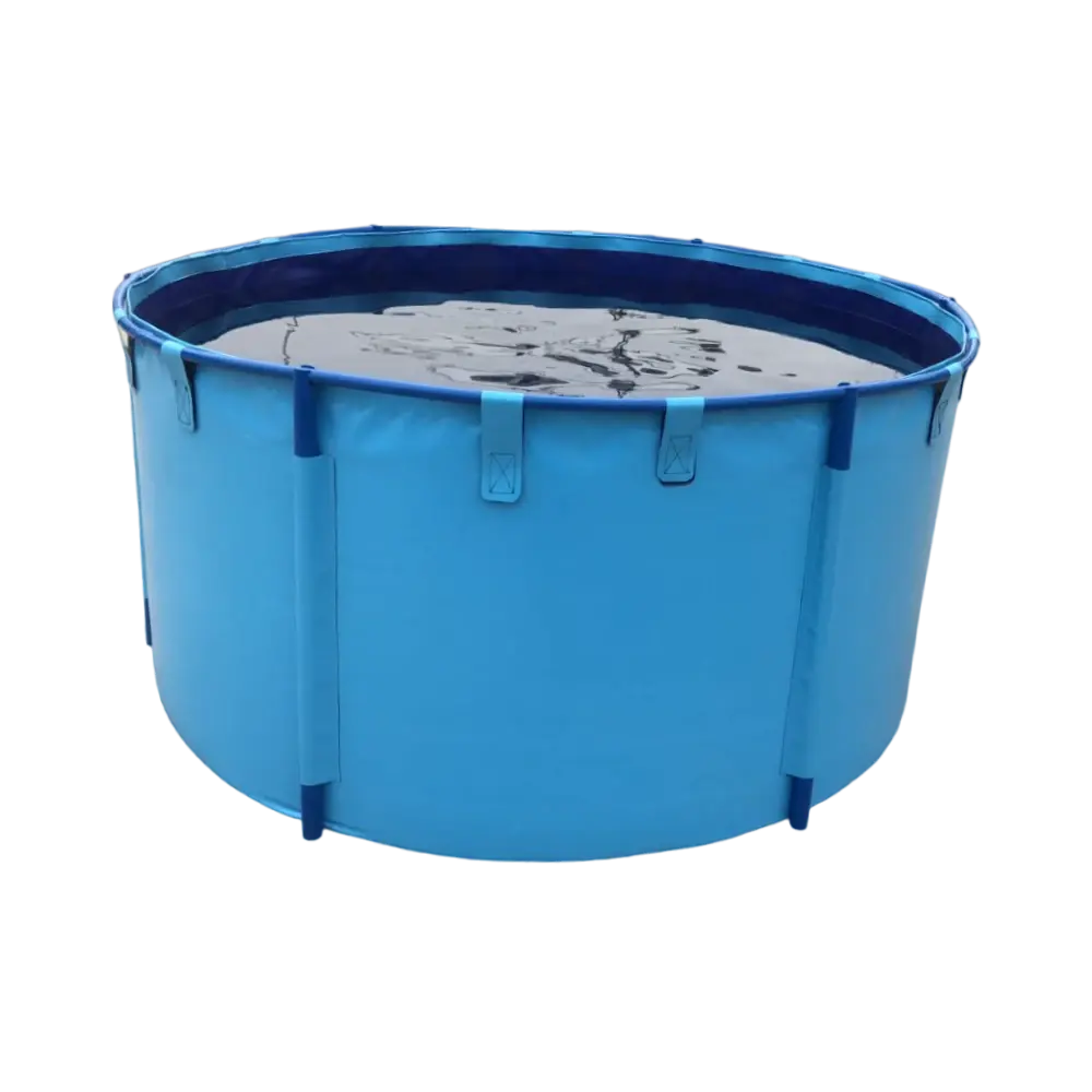 Type A flexible aquaculture tank with PVC liner and white plastic tube frame, circular design, indoor hatchery setup