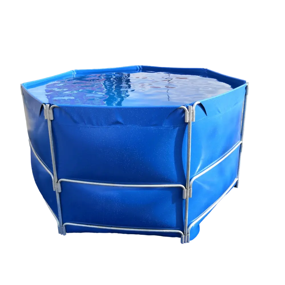 Type B aquaculture tank with blue PVC liner and hot-dip galvanized steel tube frame, circular commercial grow-out tank for outdoor use